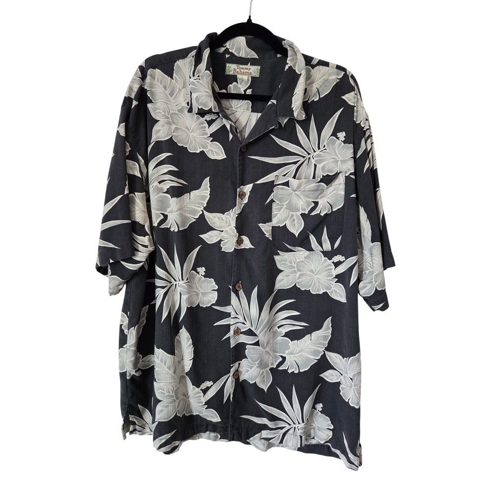 Tommy Bahama Mens XL Silk Floral Palm Print Short Sleeve‎ Camp Shirt Black